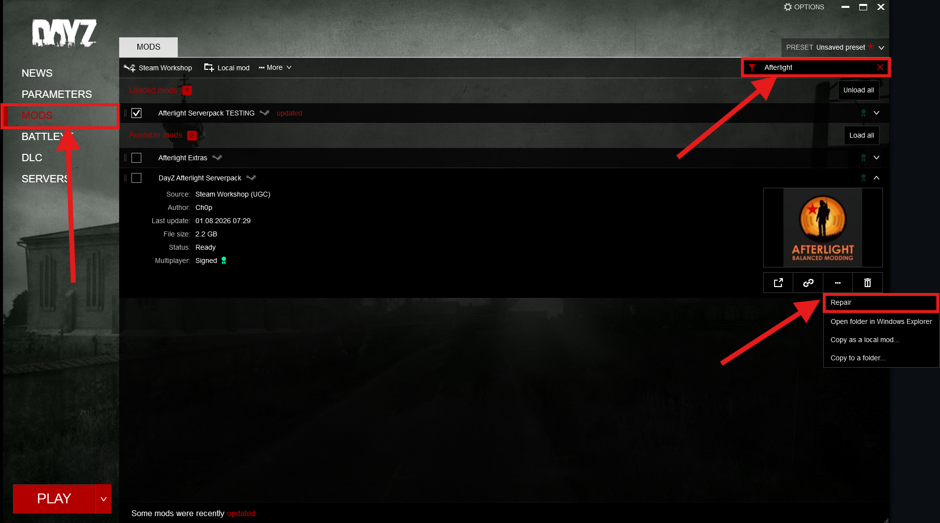 DayZ Launcher: MODS section filtered for Afterlight, with the Repair option opened on the DayZ Afterlight Serverpack